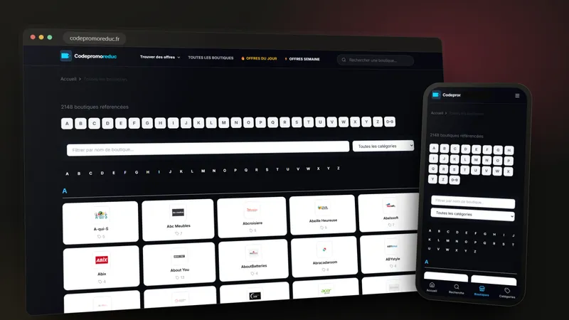 CodePromoReduc all stores a to z on a desktop browser and a phone