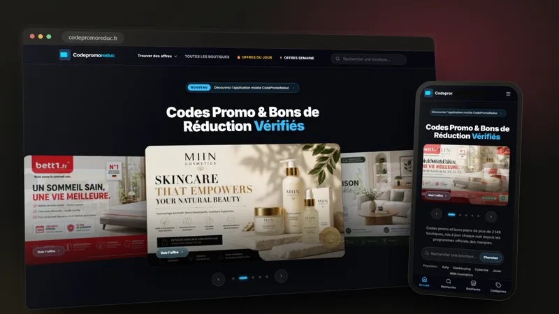 CodePromoReduc coupon website on a desktop browser and a phone
