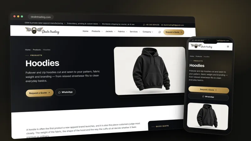 DEAL N TRADING hoodies product page on a desktop browser and a phone