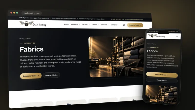 DEAL N TRADING fabrics guide on a desktop browser and a phone