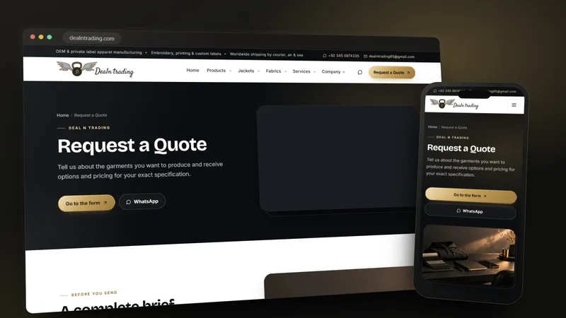 DEAL N TRADING request a quote form on a desktop browser and a phone