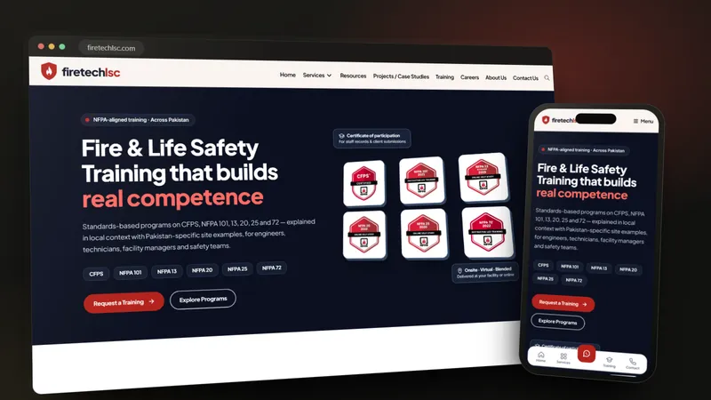 FIRETECH Life Safety Consultants training programmes on a desktop browser and a phone