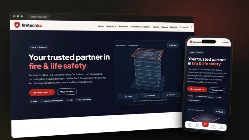 FIRETECH Life Safety Consultants about the consultancy on a desktop browser and a phone