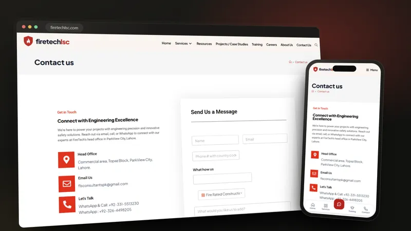 FIRETECH Life Safety Consultants contact and consultation on a desktop browser and a phone