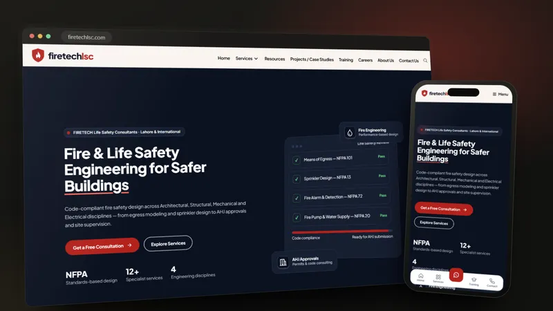FIRETECH Life Safety Consultants website on a desktop browser and a phone