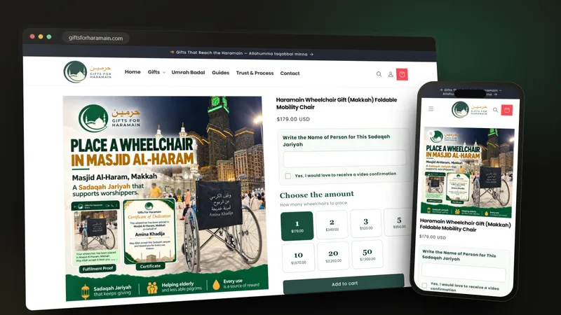Gifts for Haramain wheelchair gift product page on a desktop browser and a phone