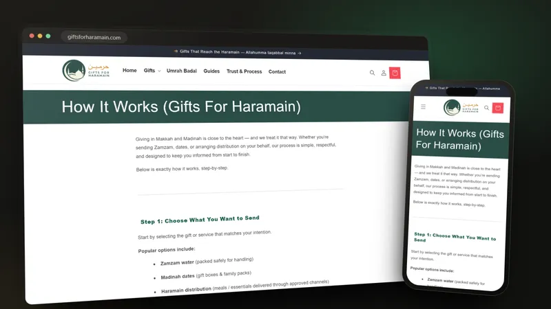 Gifts for Haramain how it works on a desktop browser and a phone