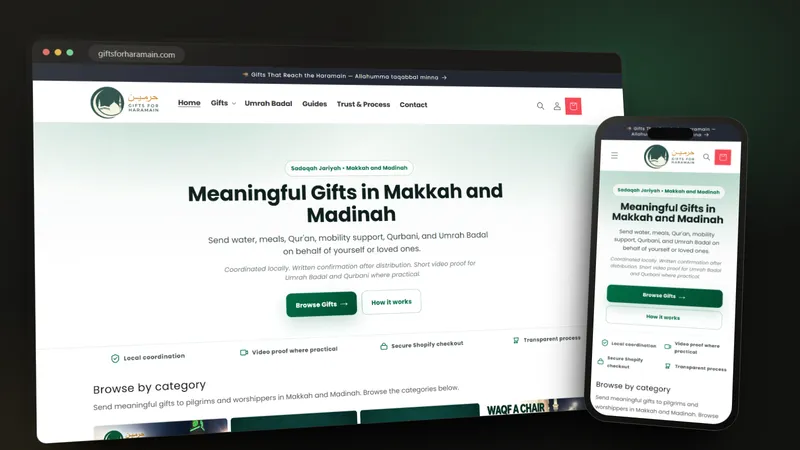 Gifts for Haramain Shopify store on a desktop browser and a phone