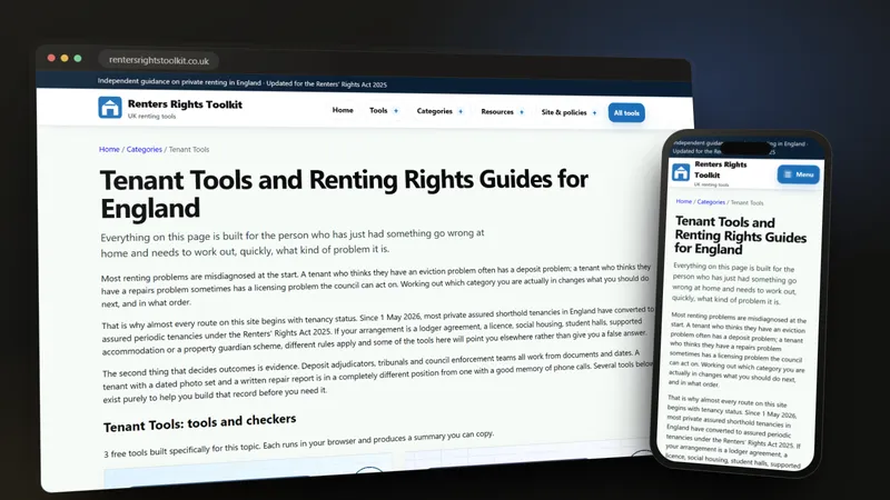 Renters Rights Toolkit tenant tools category on a desktop browser and a phone