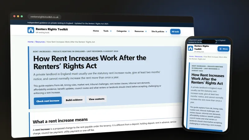 Renters Rights Toolkit rent increase guide on a desktop browser and a phone