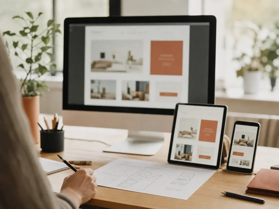 Website design in Lahore: responsive UI/UX layout shown on desktop, tablet and mobile with paper wireframes