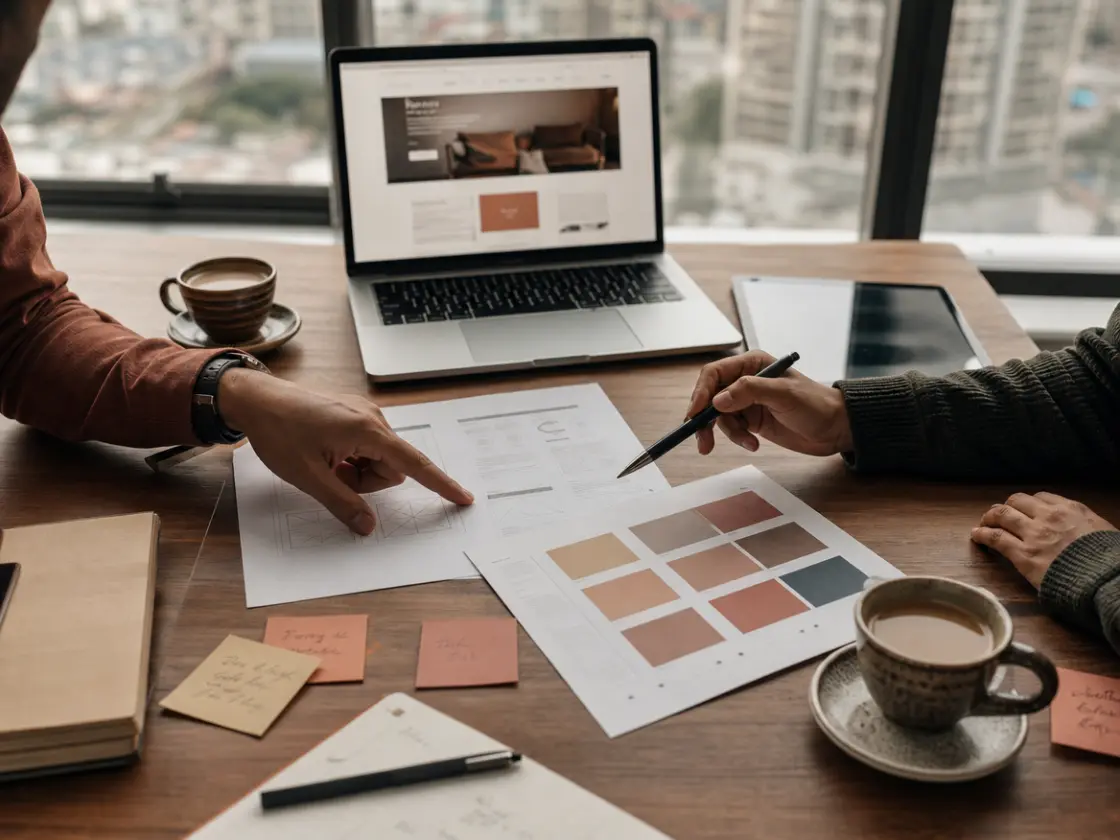 Web design agency in Lahore: client consultation reviewing website wireframes, colour palette and homepage layout