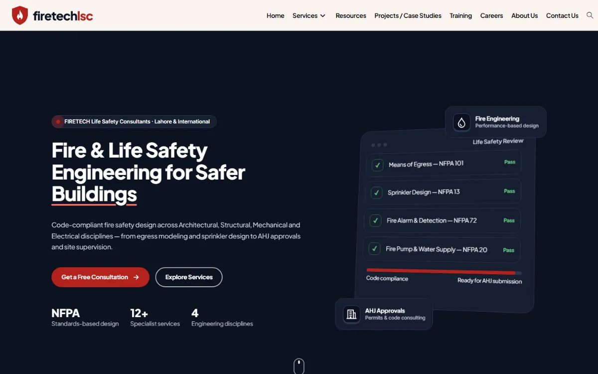 FIRETECH Life Safety Consultants website homepage hero designed by Ozairwebs, showing NFPA code-compliance review panel