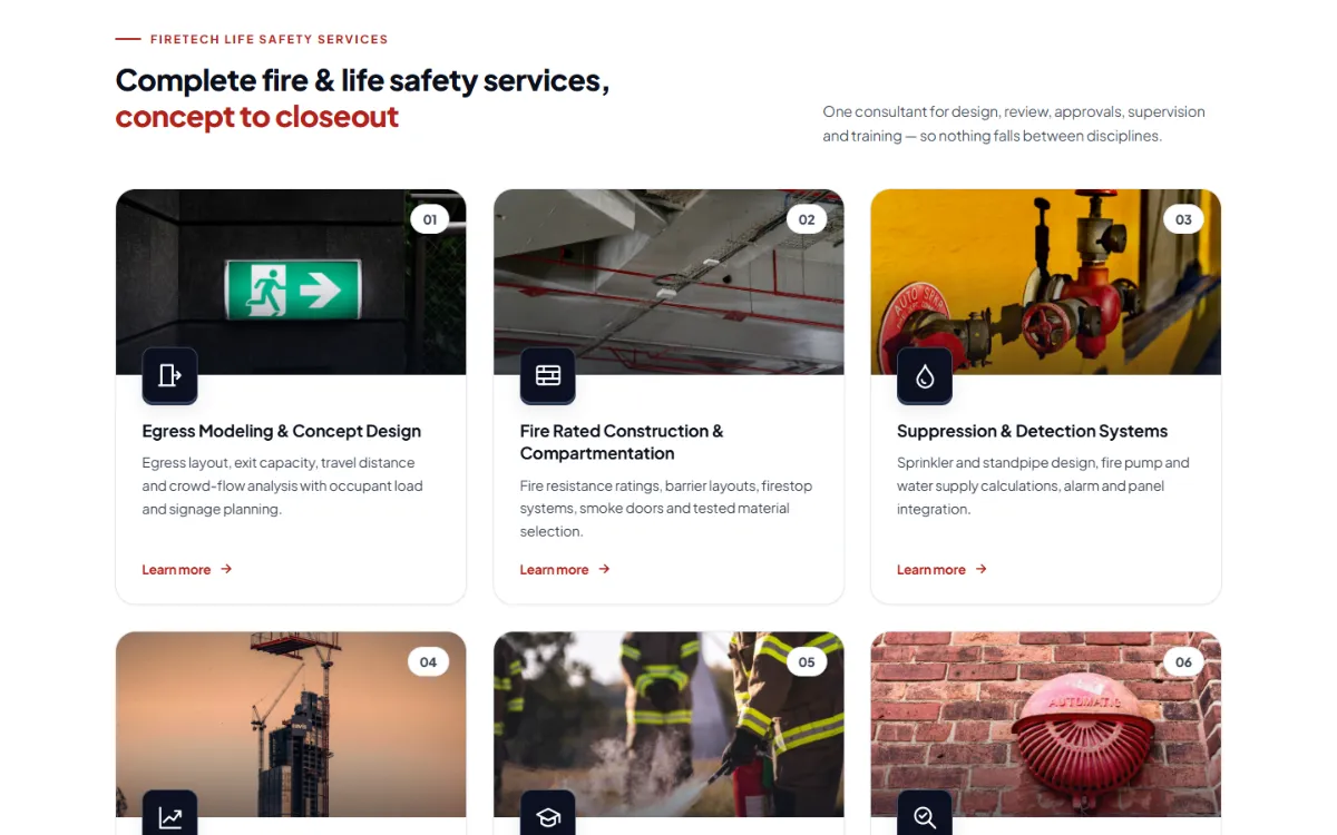 FIRETECH fire and life safety services grid with egress modeling, fire-rated construction and suppression design cards