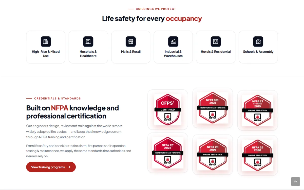 FIRETECH occupancy types and NFPA certification credentials section