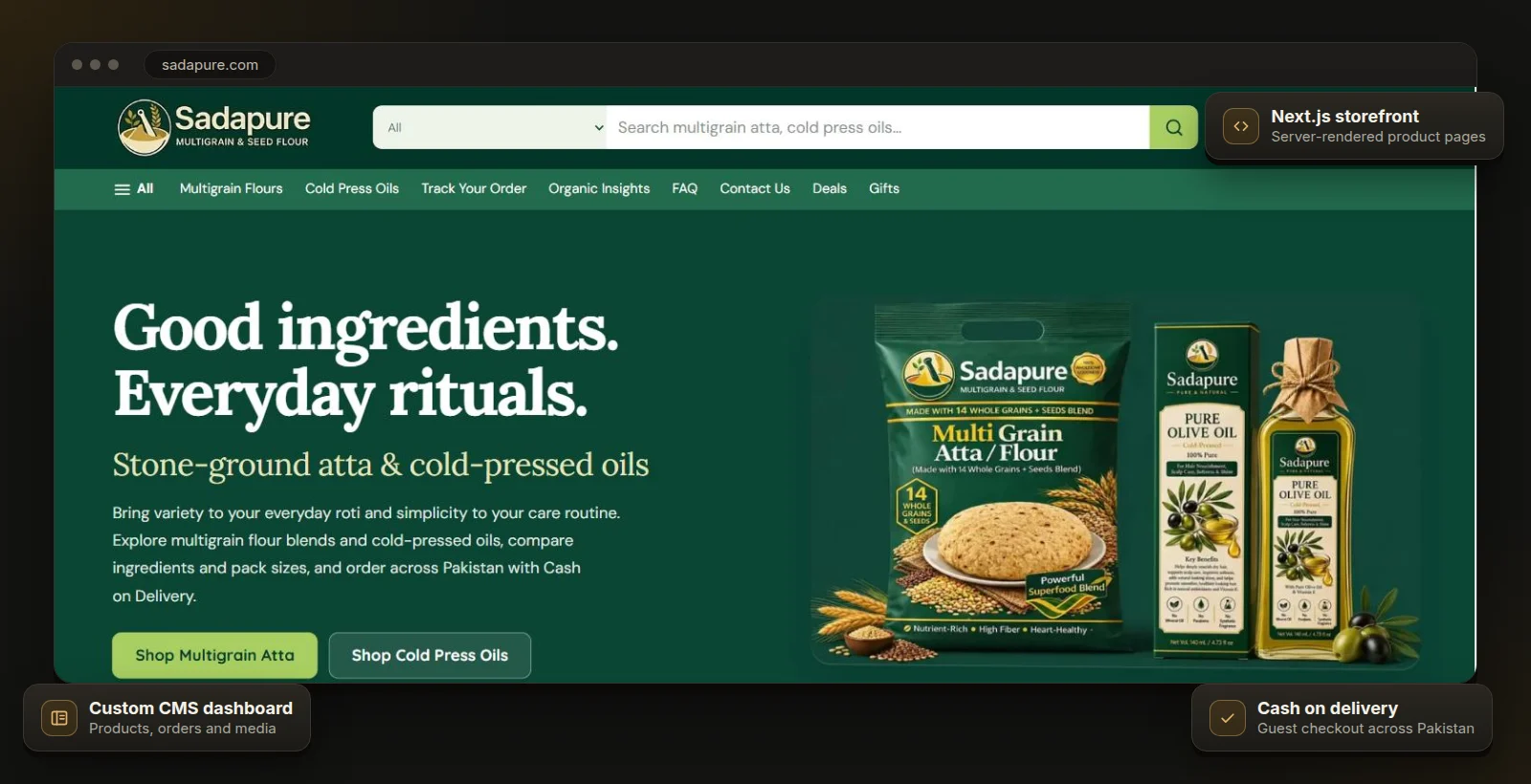 SadaPure online store homepage built with Next.js, selling multigrain atta and cold-pressed oils in Pakistan