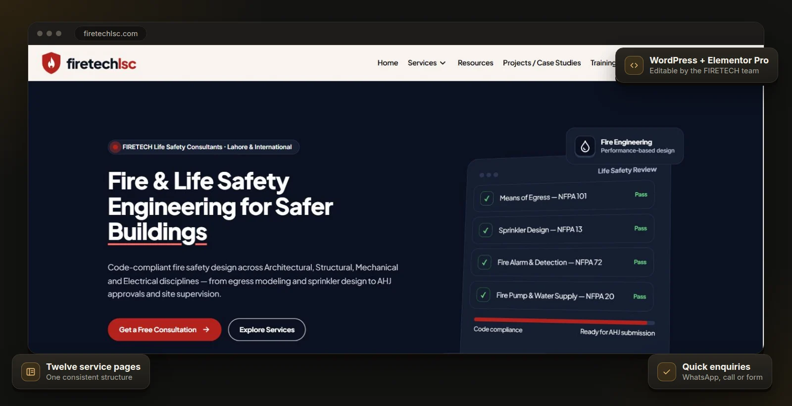 FIRETECH Life Safety Consultants homepage redesigned by Ozairwebs on WordPress and Elementor Pro