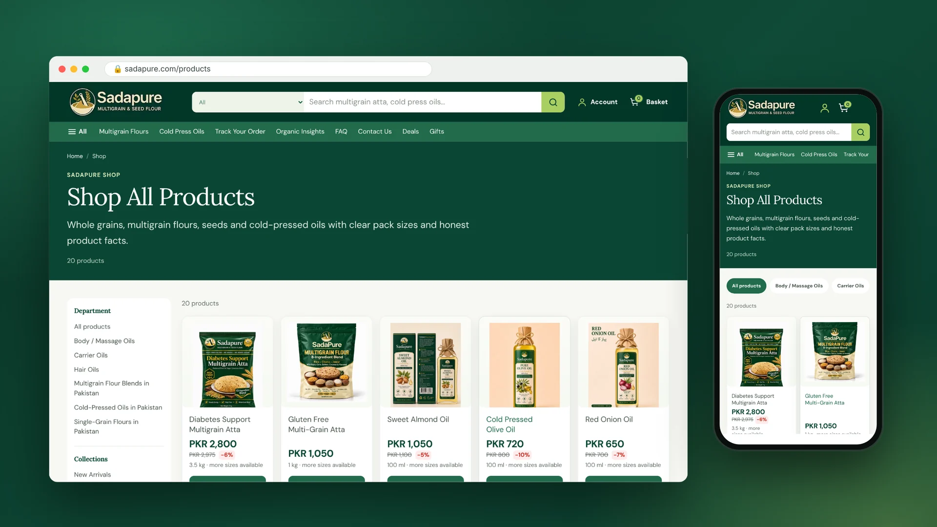 SadaPure shop all products page mockup showing the catalogue grid with filters on desktop and mobile