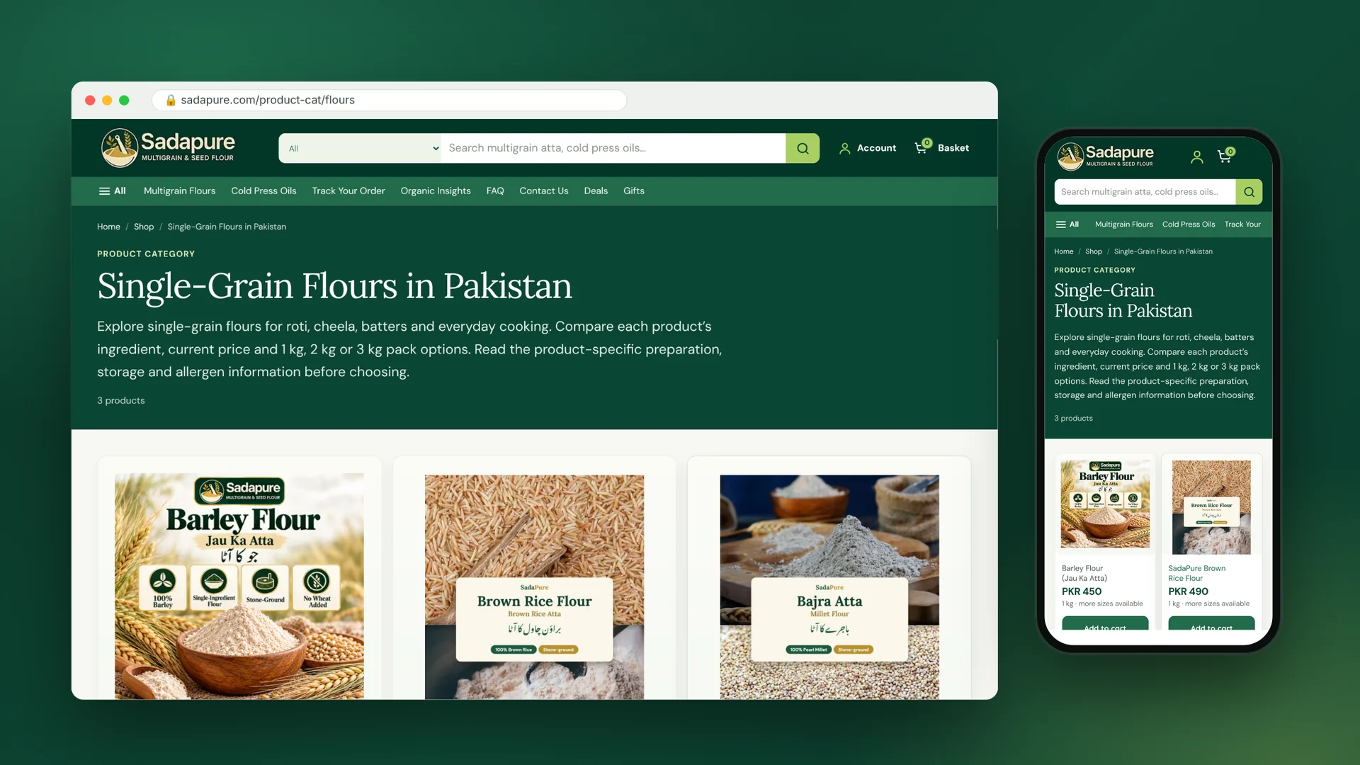 SadaPure single-grain flours category page mockup with product cards on desktop and mobile