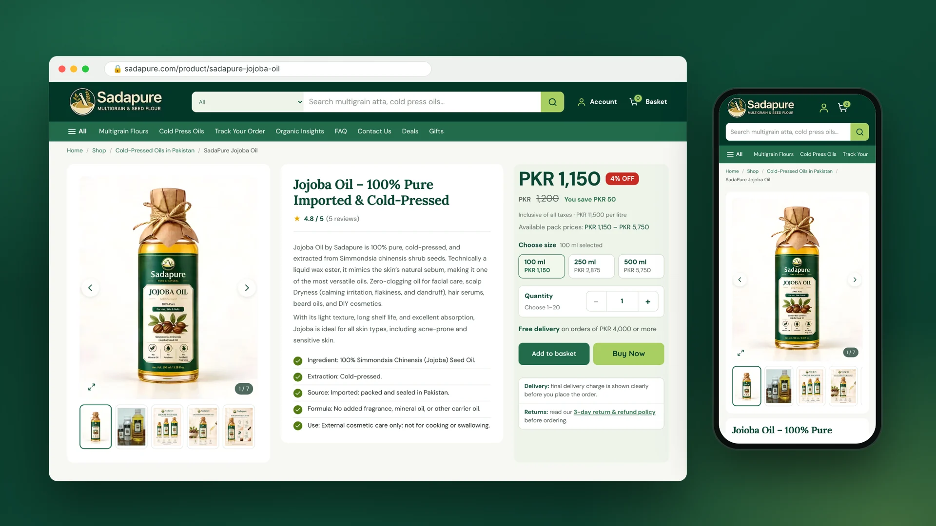 SadaPure jojoba oil product page mockup with pack sizes, price and add to basket on desktop and mobile