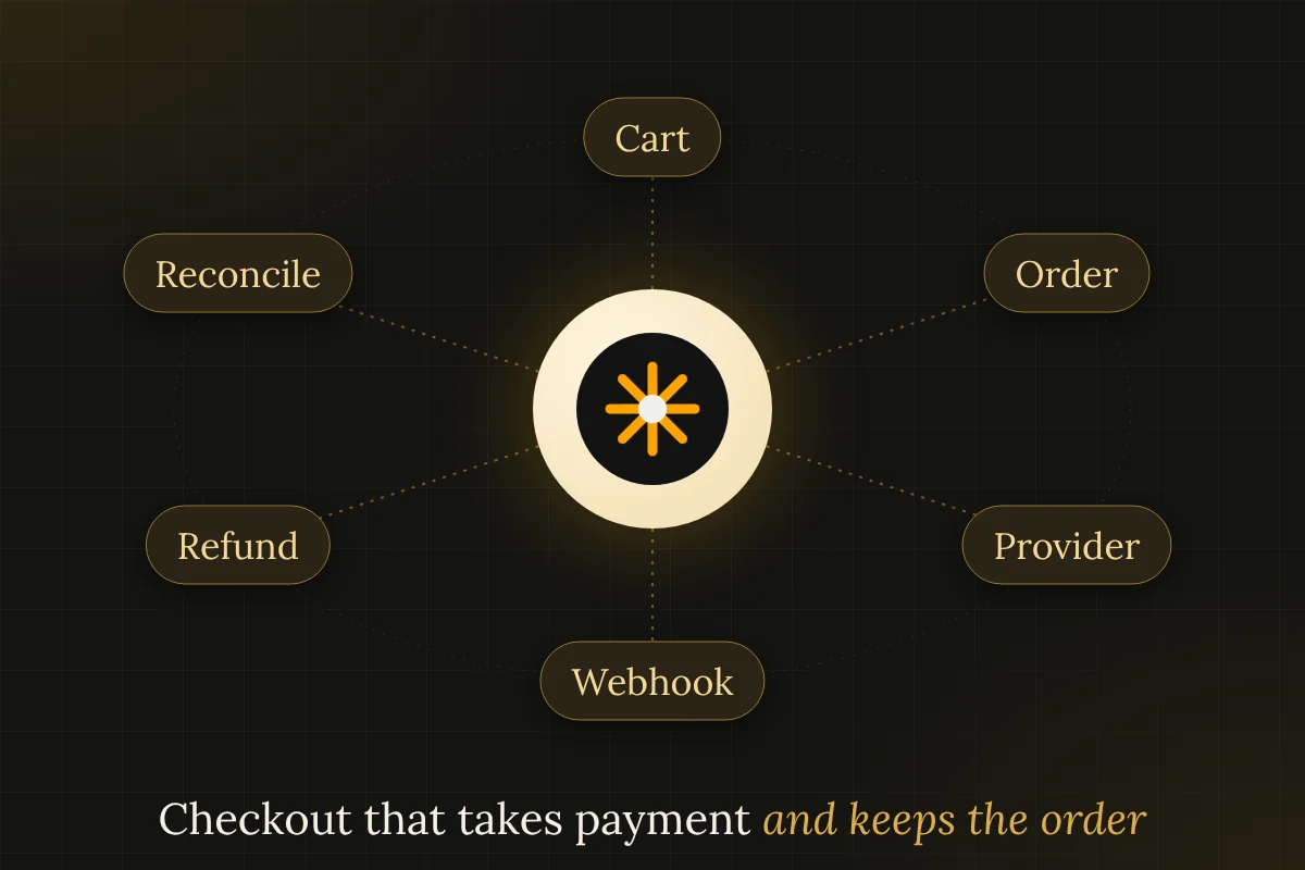Orbit diagram of checkout parts: cart, order, provider, webhook, refund and reconciliation