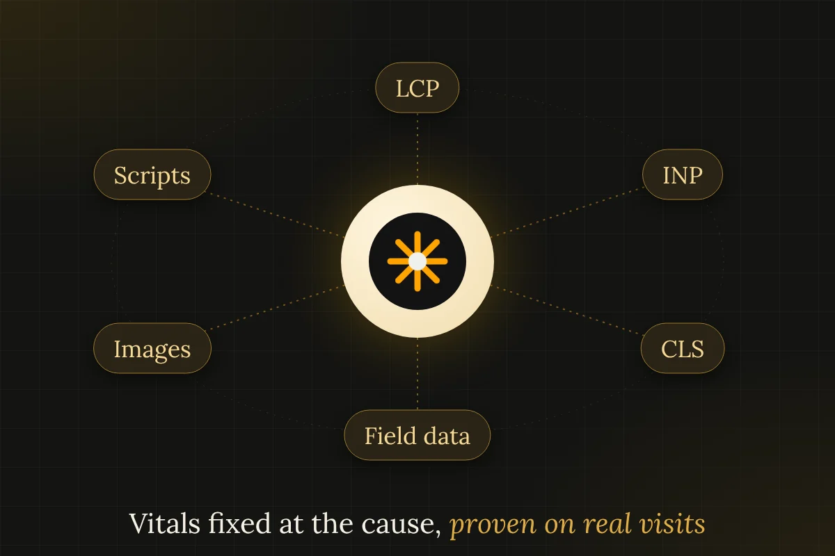 Orbit diagram of Core Web Vitals work: LCP, INP, CLS, field data, images and scripts