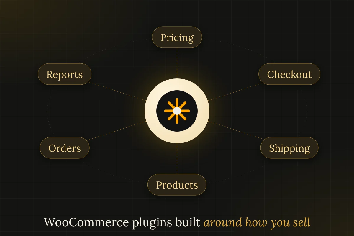 Orbit diagram of custom WooCommerce plugin areas: pricing, checkout, shipping, products, orders and reports