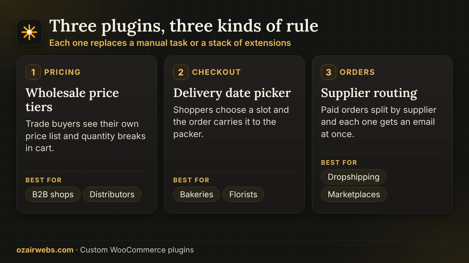 Three examples of custom WooCommerce plugins: wholesale pricing, delivery date checkout and supplier order routing