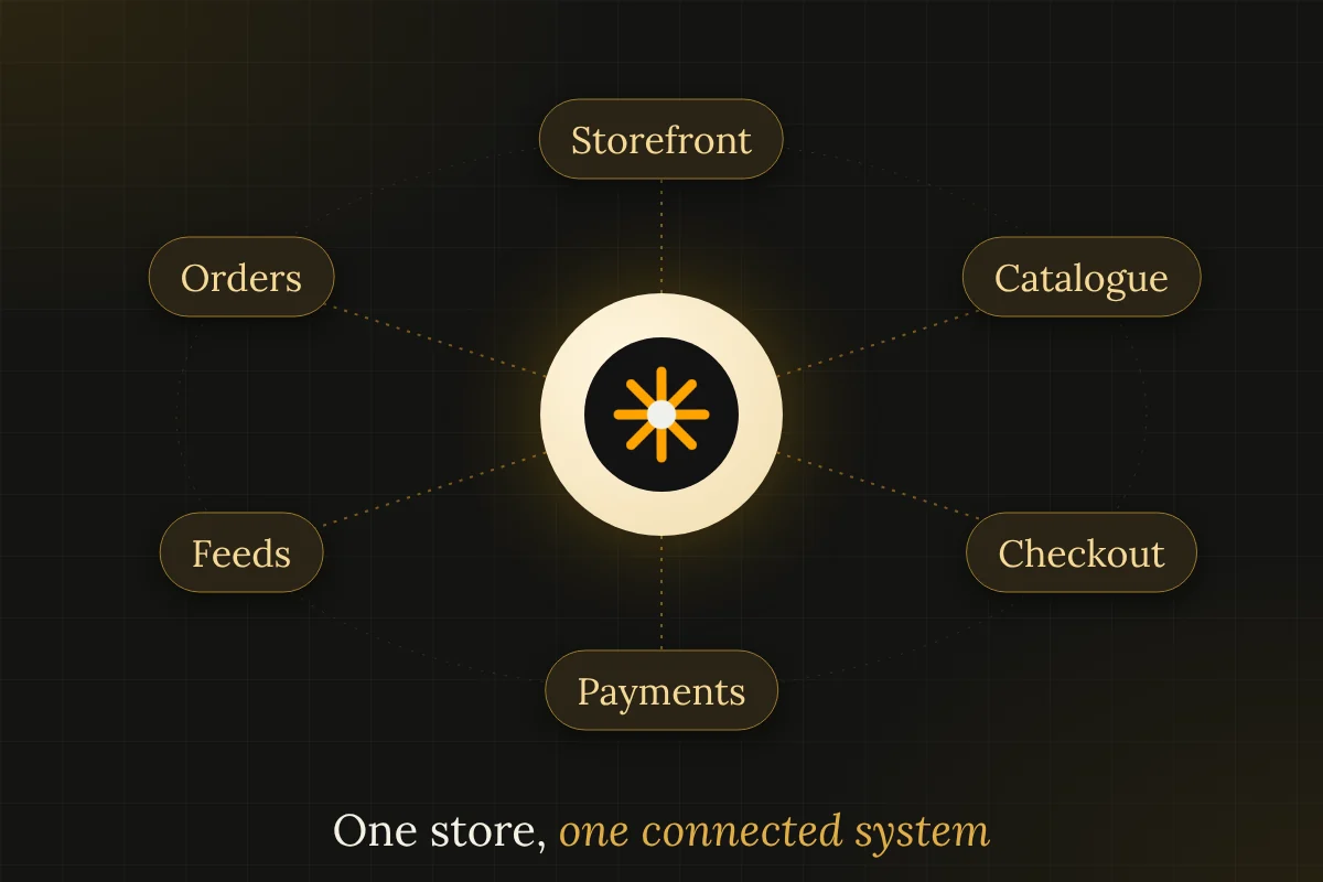 Orbit diagram of an online store as one system: storefront, catalogue, checkout, payments, feeds and orders