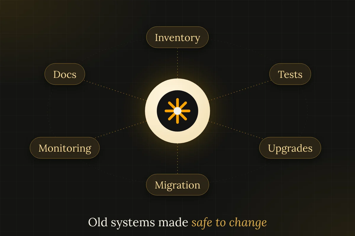 Orbit diagram of legacy modernization: inventory, tests, upgrades, migration, monitoring and documentation