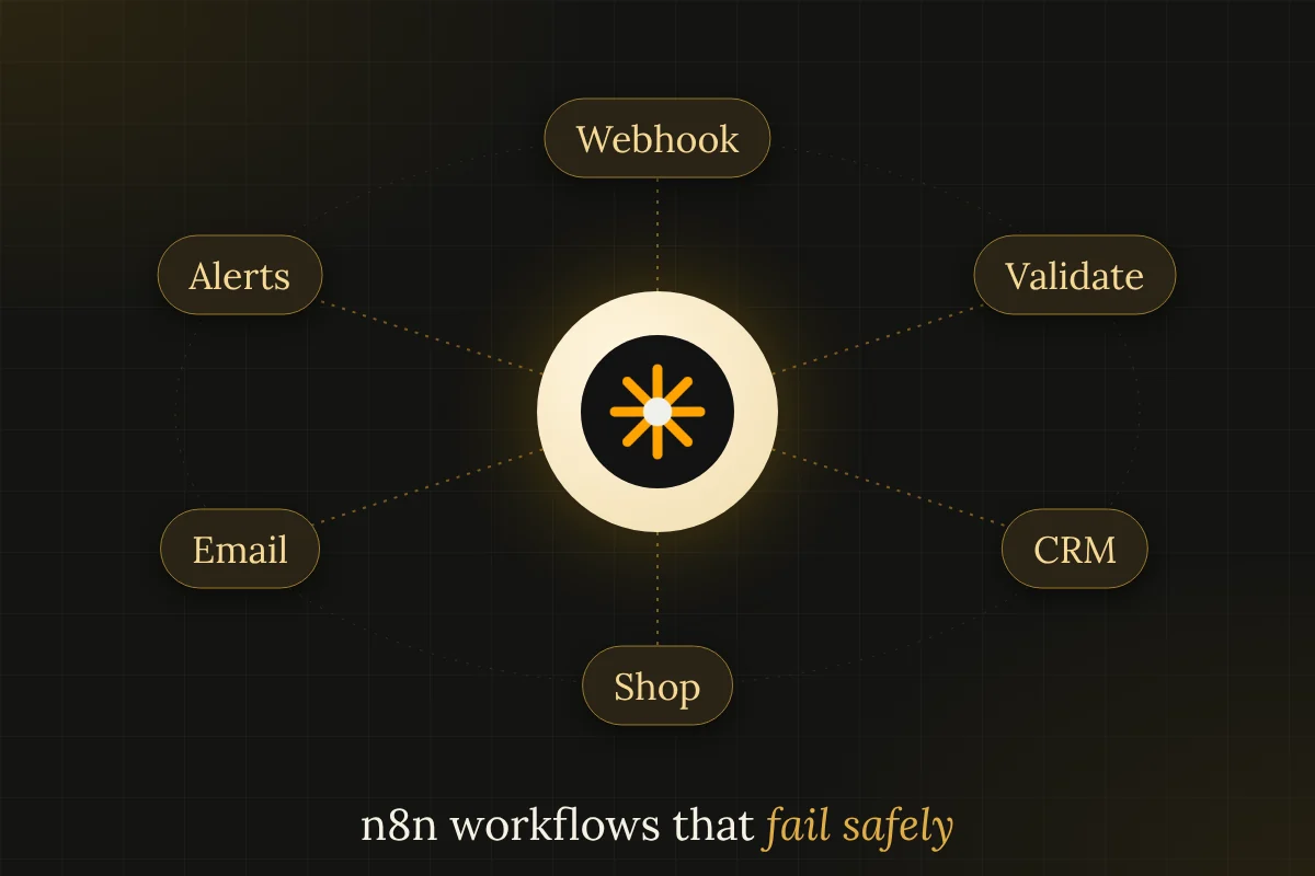 Orbit diagram of an n8n workflow: webhook, validate, CRM, shop, email and error alert
