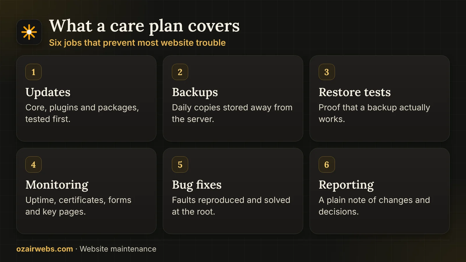 Six areas of a website care plan: updates, backups, monitoring, bug fixes, upgrades and reporting