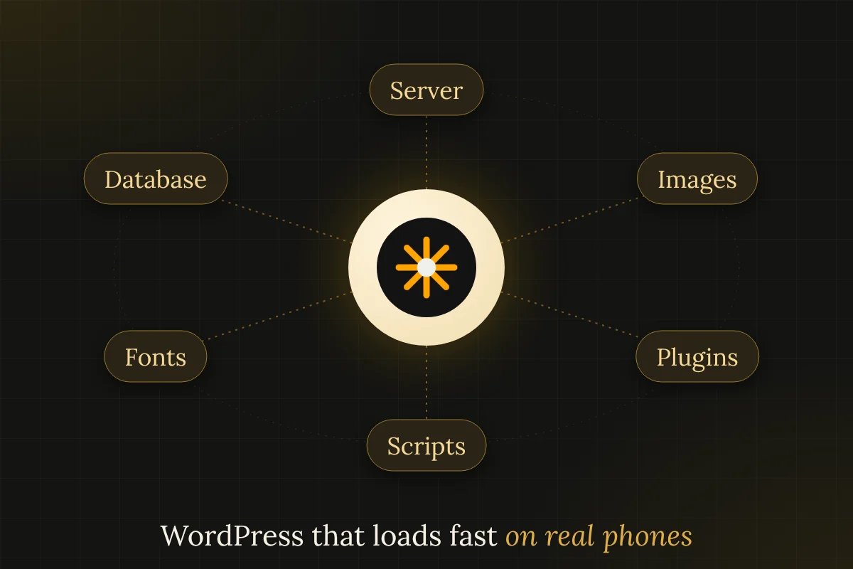 Orbit diagram of the parts that decide WordPress speed: server, images, plugins, scripts, fonts and database