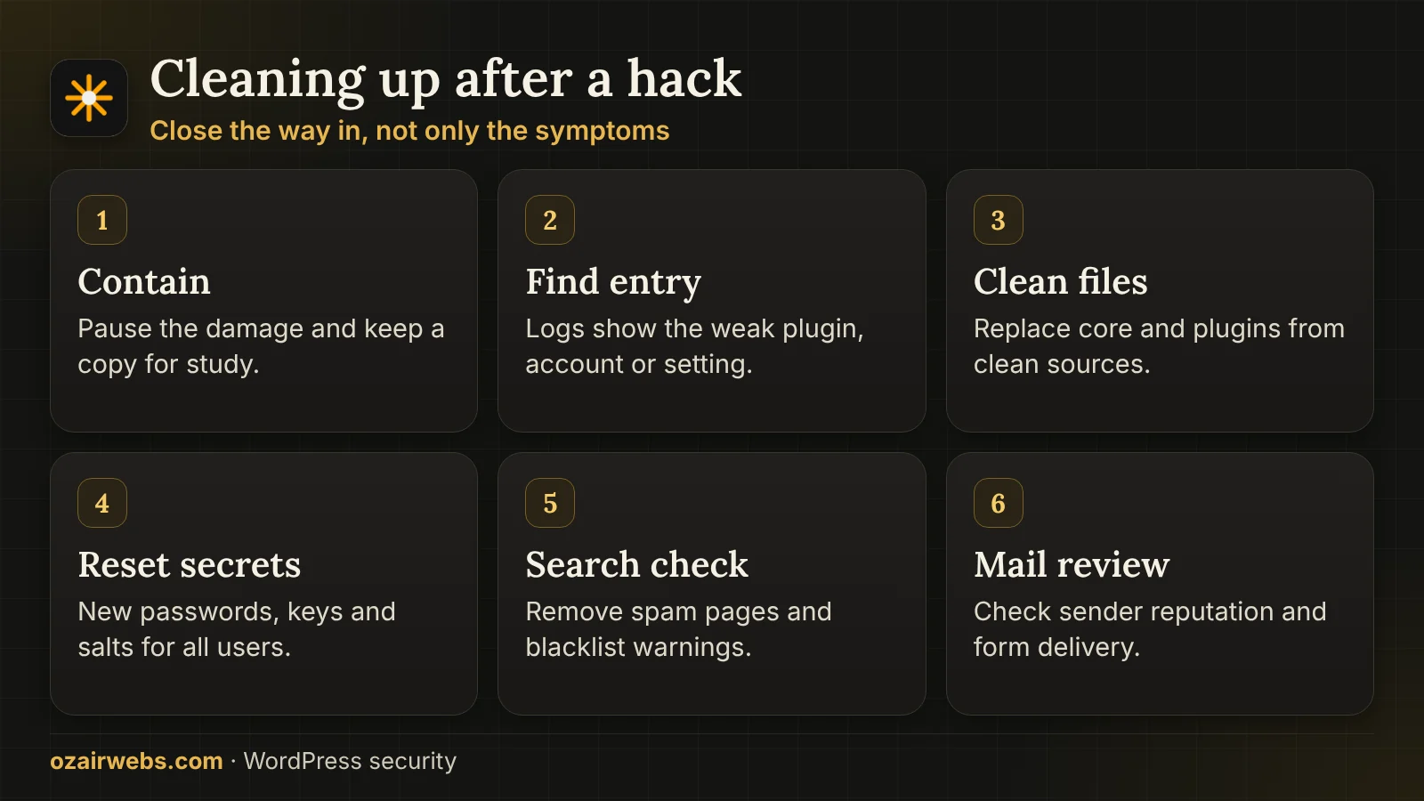 Six clean-up tasks after a WordPress compromise: contain, find entry, clean files, reset secrets, check search and review mail
