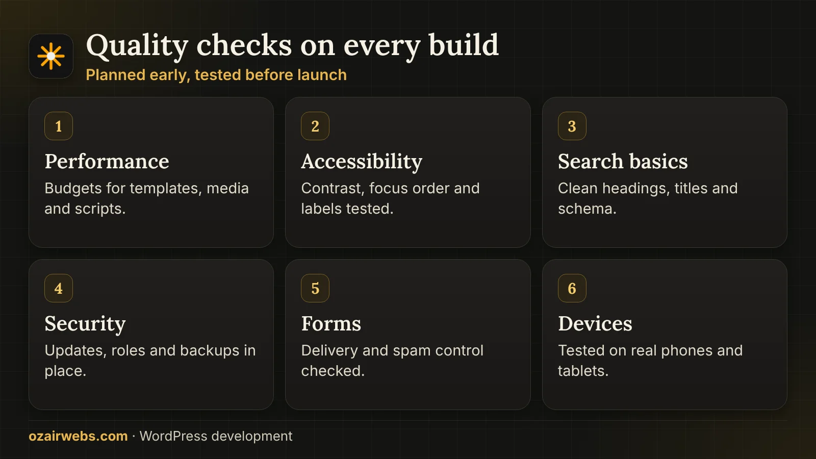 Six quality checks on a WordPress build: performance, accessibility, search basics, security, forms and devices