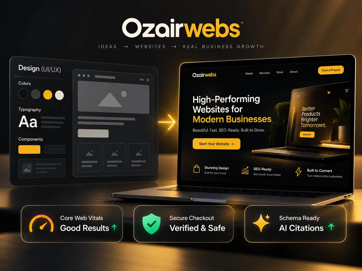 Ozairwebs web development services in Lahore: design system on a tablet connected to a live business website with Core Web Vitals, secure checkout and schema-ready badges