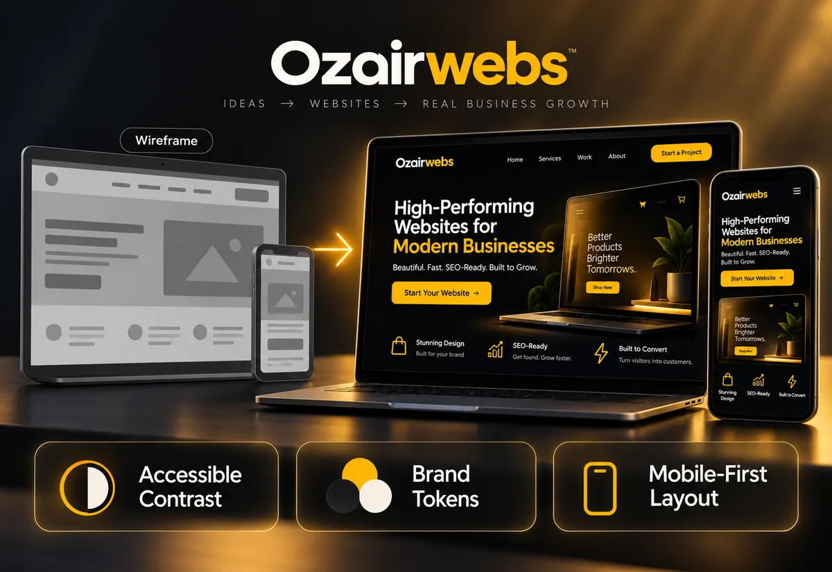Website design company in Lahore: wireframe turned into a responsive desktop and mobile website with accessible contrast, brand tokens and mobile-first layout