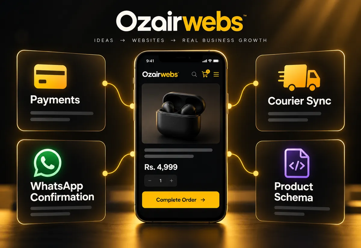 E-commerce website development in Pakistan: mobile checkout connected to payments, courier sync, WhatsApp order confirmation and product schema