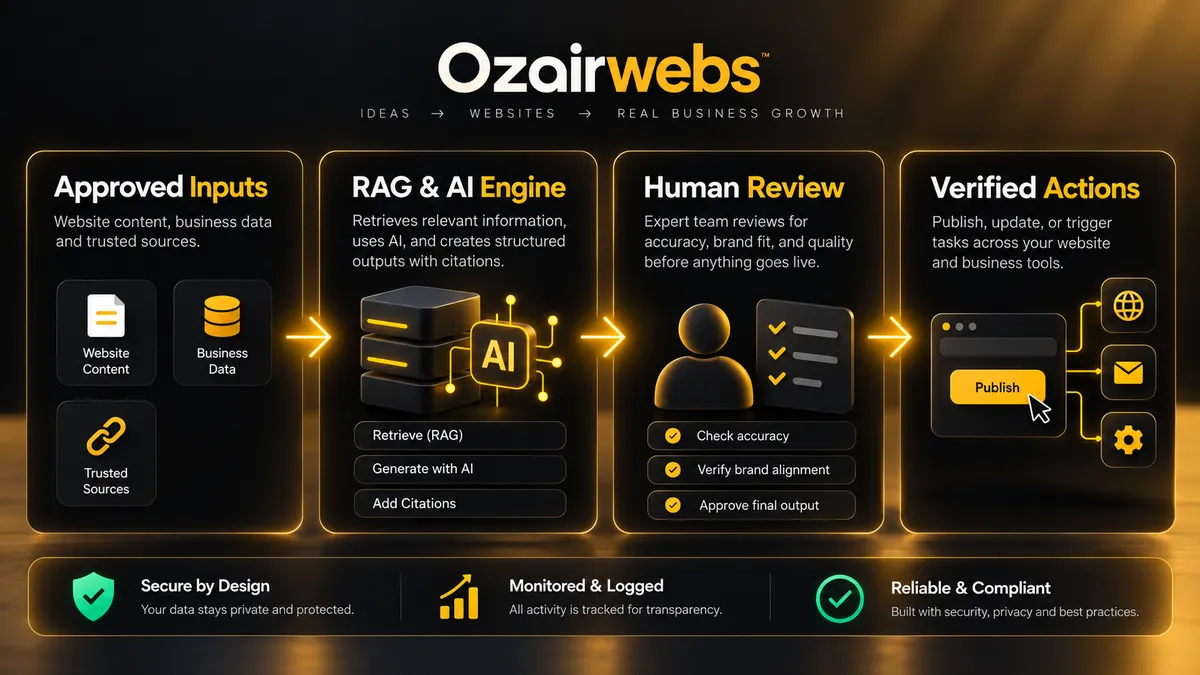 Ozairwebs AI agent and RAG automation pipeline: approved inputs, RAG and AI engine, human review and verified actions with security and logging