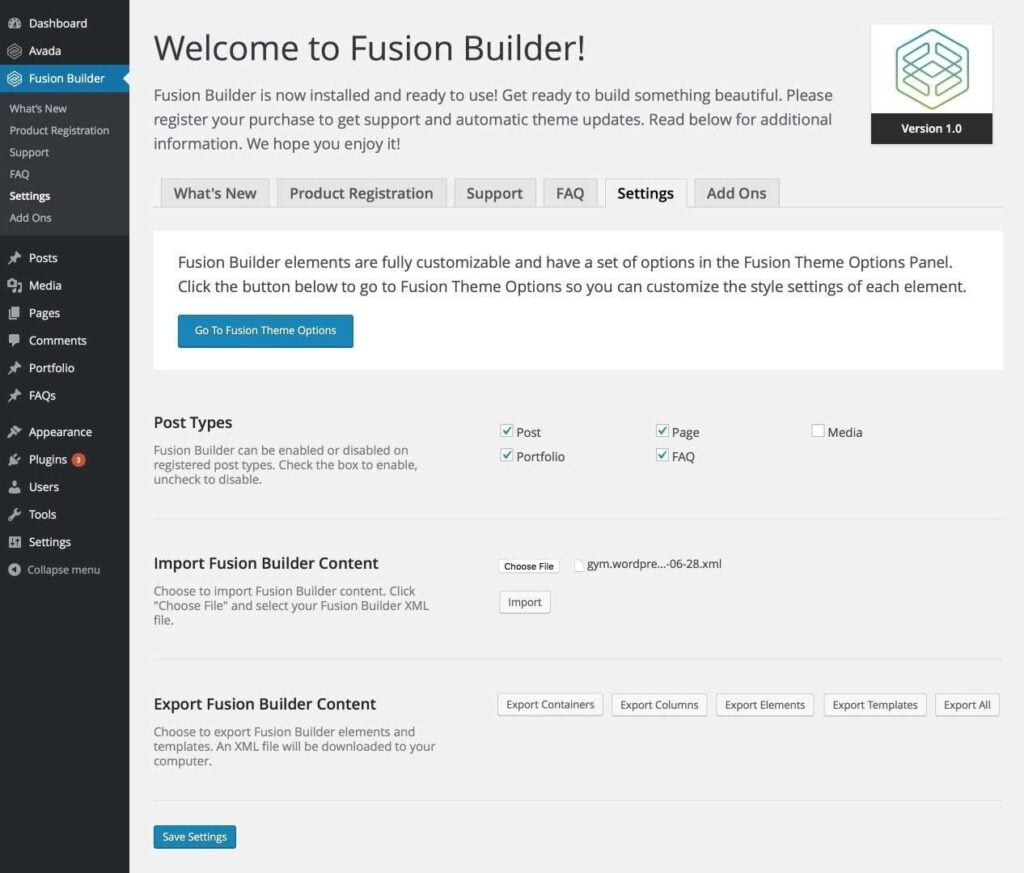 Avada Fusion Builder dashboard