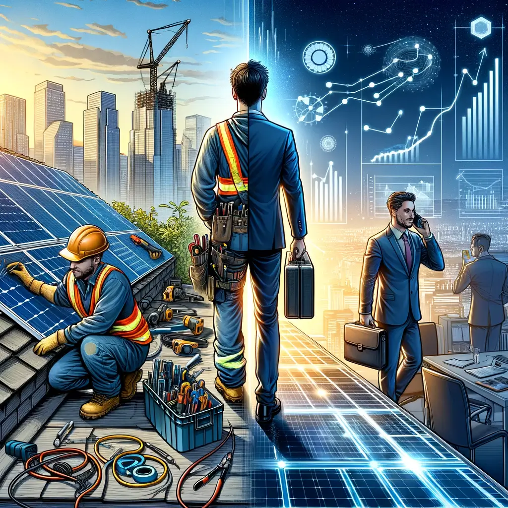 A dynamic illustration showcasing the evolution from a solar panel installer to a financial expert. The scene starts on the left with a professional