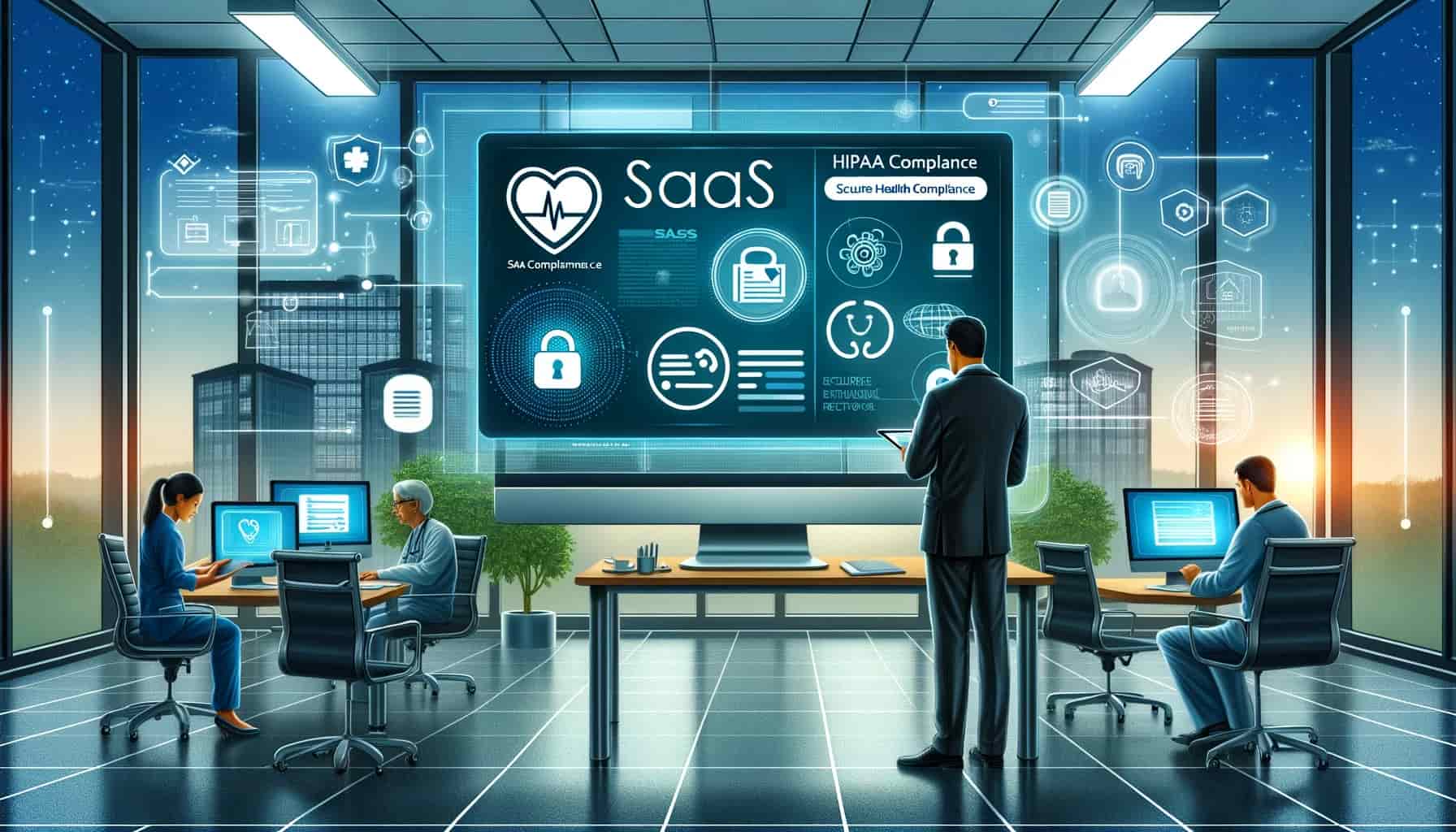 An illustrated office environment showcasing SaaS HIPAA compliance in healthcare technology.